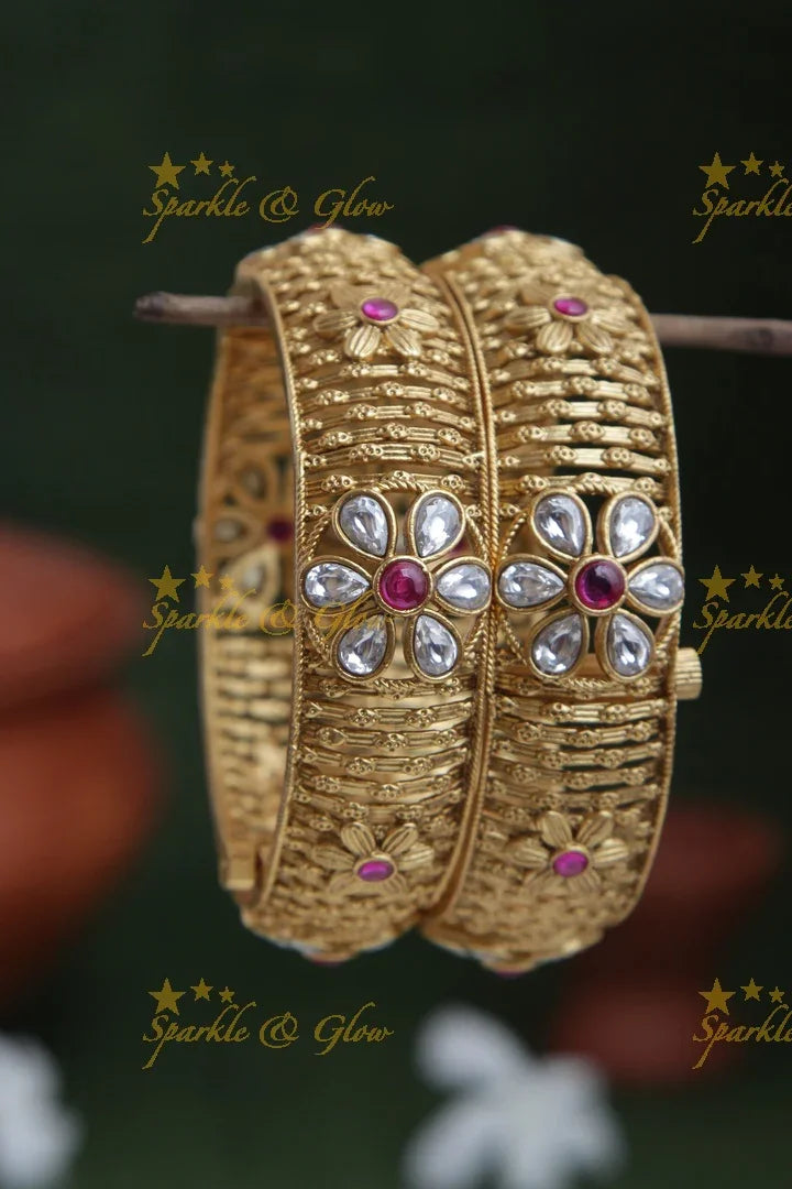 Gold alike Intricate carved screw type kada with kundan stones a pair - Sparkle and Glow