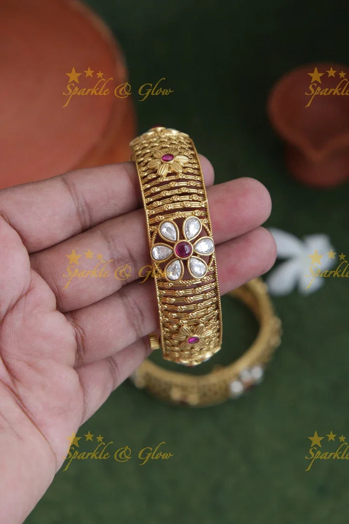 Gold alike Intricate carved screw type kada with kundan stones a pair - Sparkle and Glow