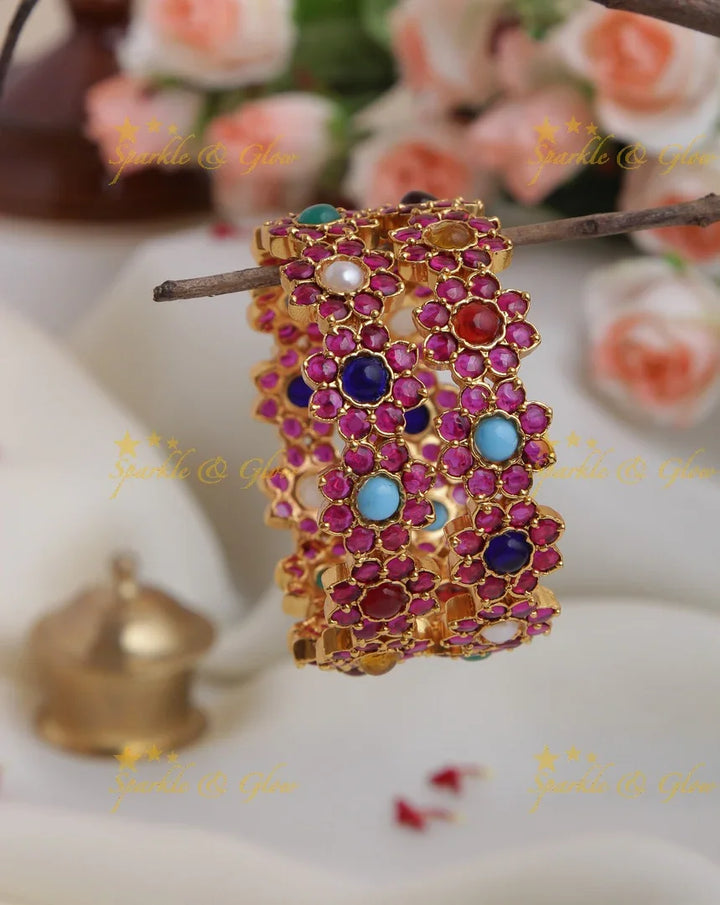 Gold alike elegant Kemp Navrathna floral bangles - Sparkle and Glow