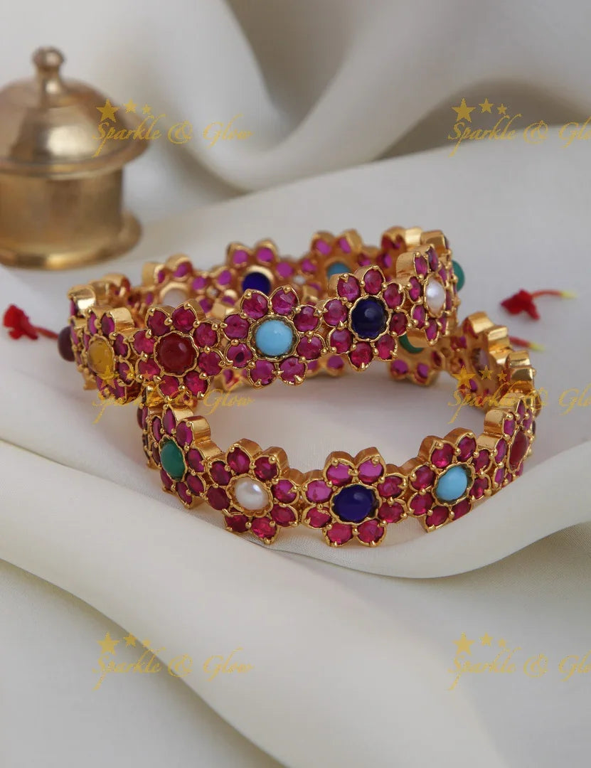 Gold alike elegant Kemp Navrathna floral bangles - Sparkle and Glow