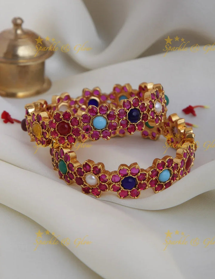 Gold alike elegant Kemp Navrathna floral bangles - Sparkle and Glow