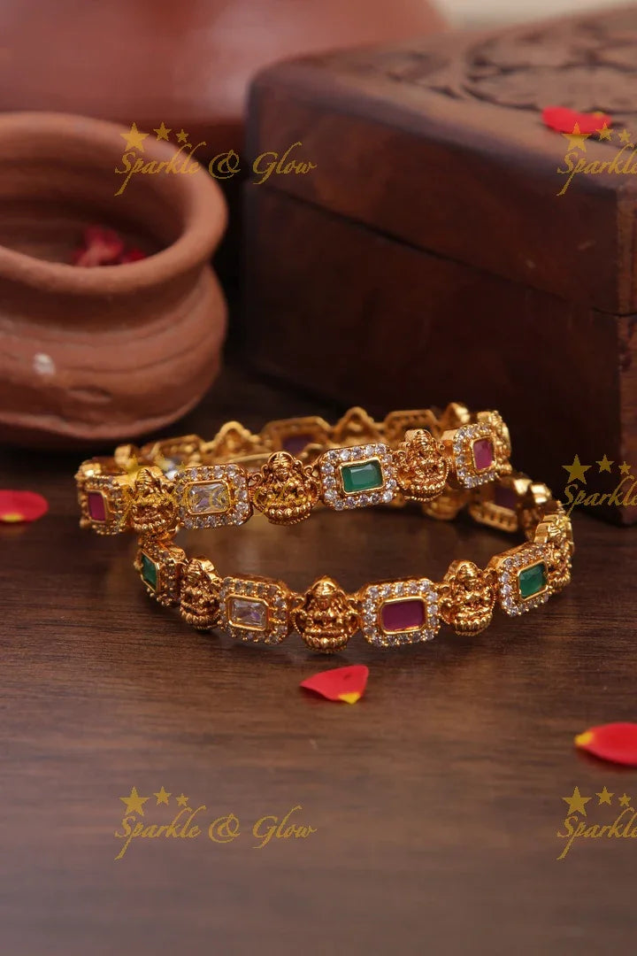 Gold alike Lakshmi carved with AD stones bangles - Sparkle and Glow
