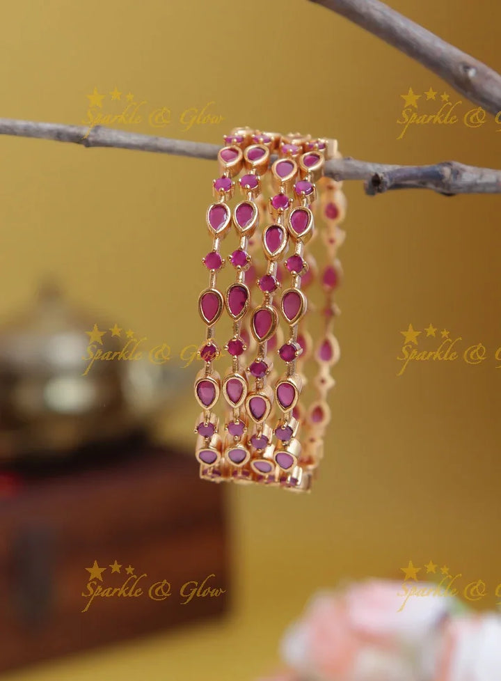 Premium Matte thin tear drop design stone Bangles set of four - Pink - 2.8 - Sparkle and Glow
