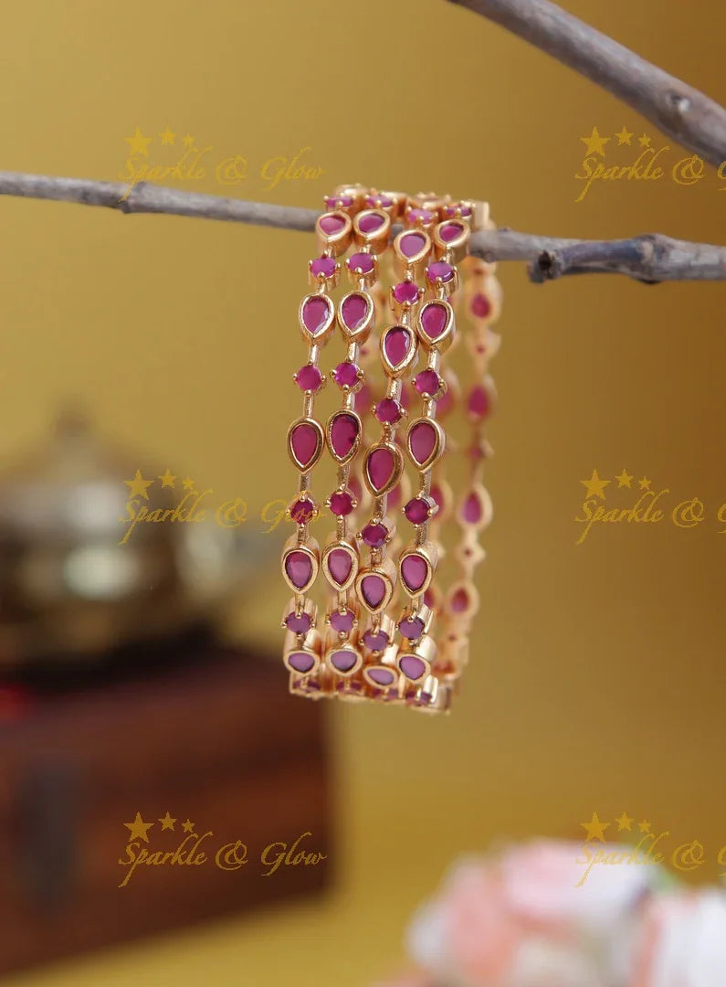 Premium Matte thin tear drop design stone Bangles set of four - Pink - 2.8 - Sparkle and Glow