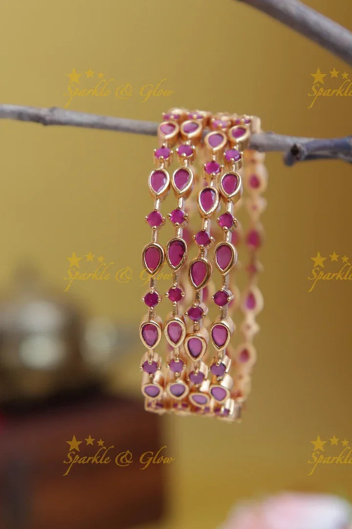Premium Matte thin tear drop design stone Bangles set of four - Pink - 2.6 - Sparkle and Glow
