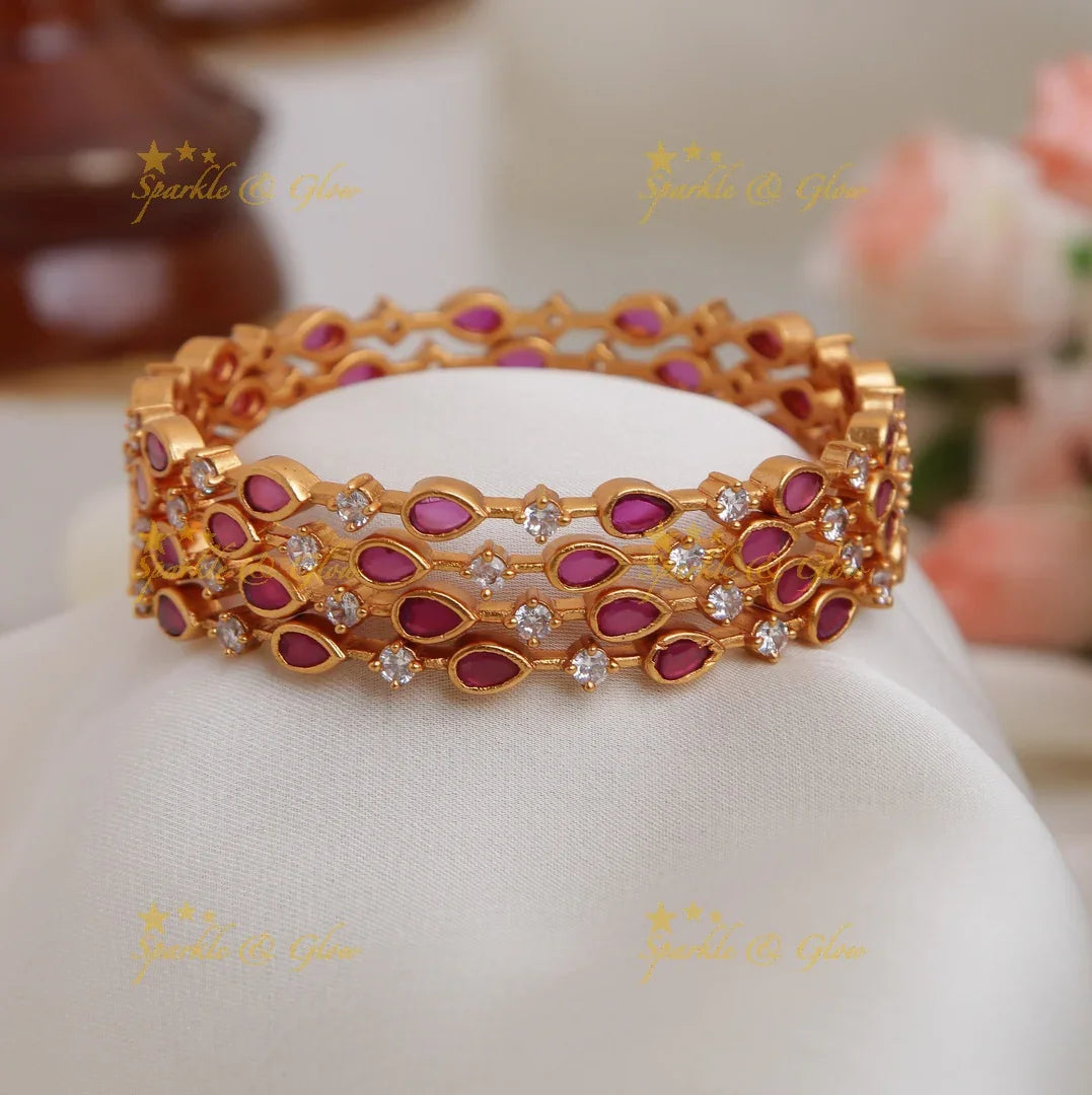 Premium Matte thin tear drop design stone Bangles set of four - Pink - 2.8 - Sparkle and Glow