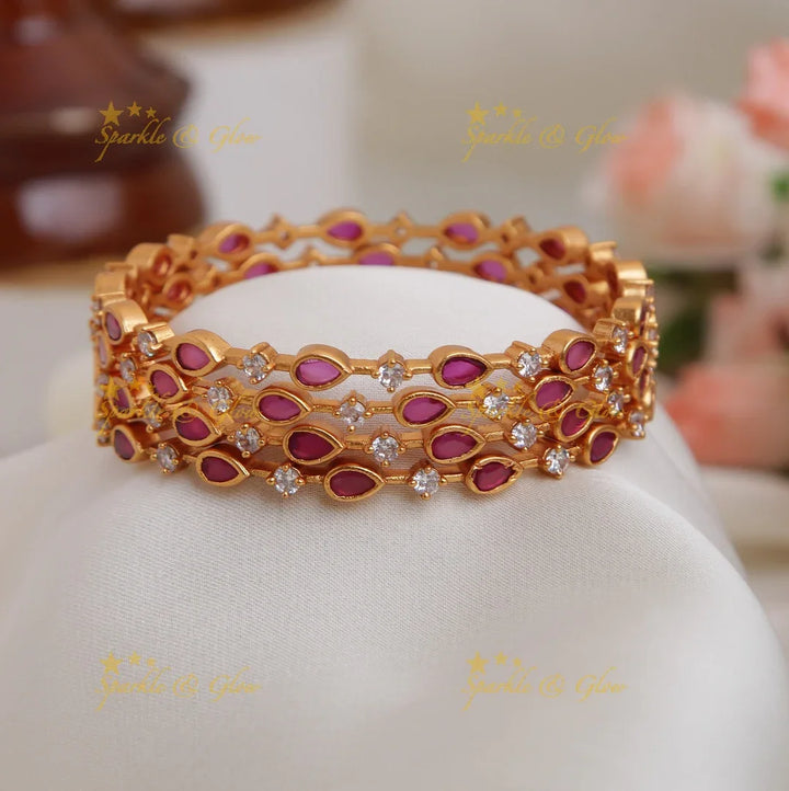 Premium Matte thin tear drop design stone Bangles set of four - Pink - 2.8 - Sparkle and Glow