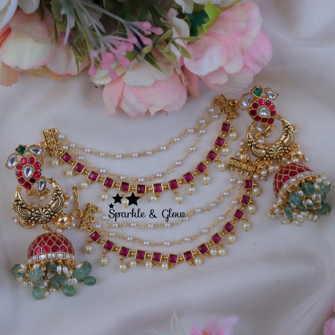 Exquisite Jadau Kundan Mango Earrings with Earchain Set