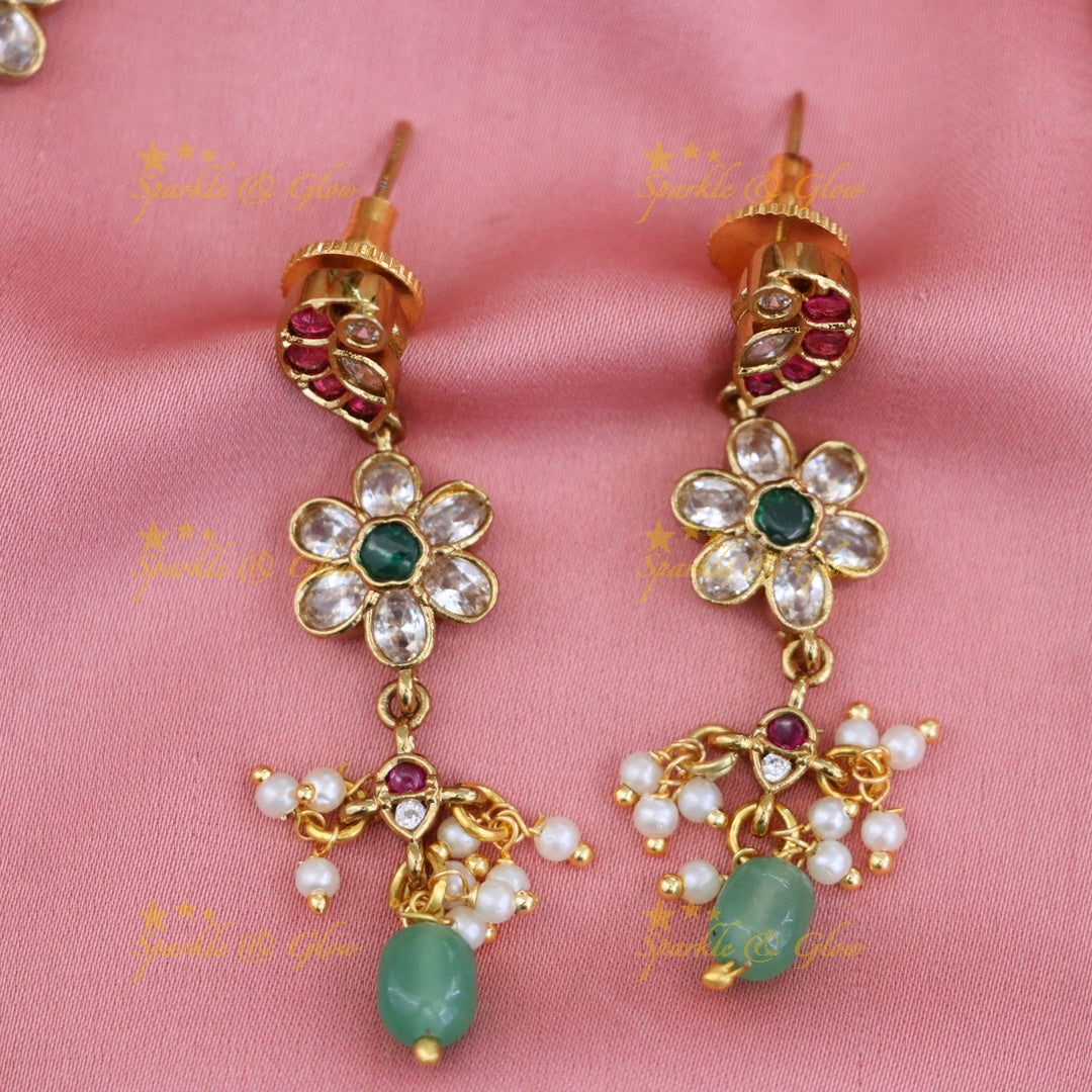 Elegant Floral Peacock Necklace with Pearls & Gems