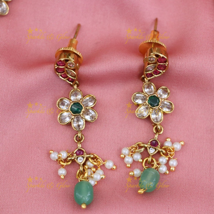 Elegant Floral Peacock Necklace with Pearls & Gems