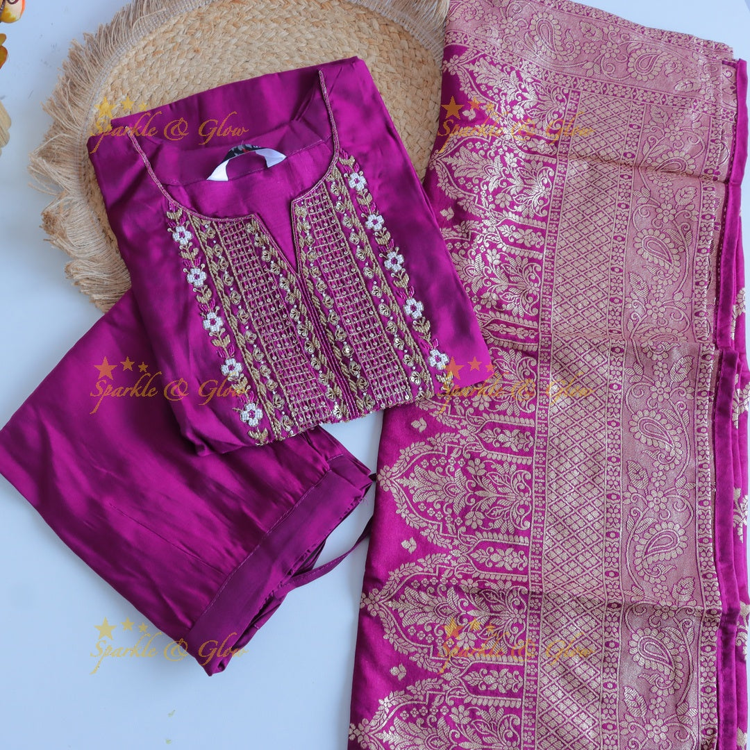 Gorgeous Roman Silk Kurti pant with Banarasi jacquard Dupatta set- Pink