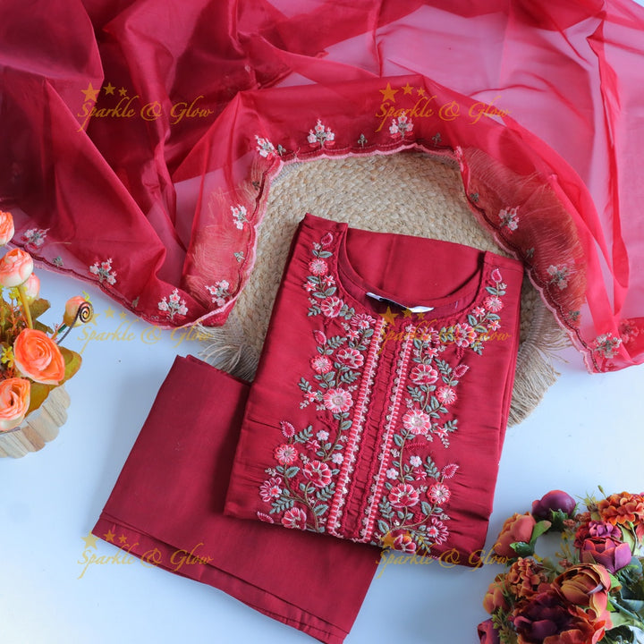 Beautiful Modal Silk Kurti pant with Organza Dupatta set- Marron