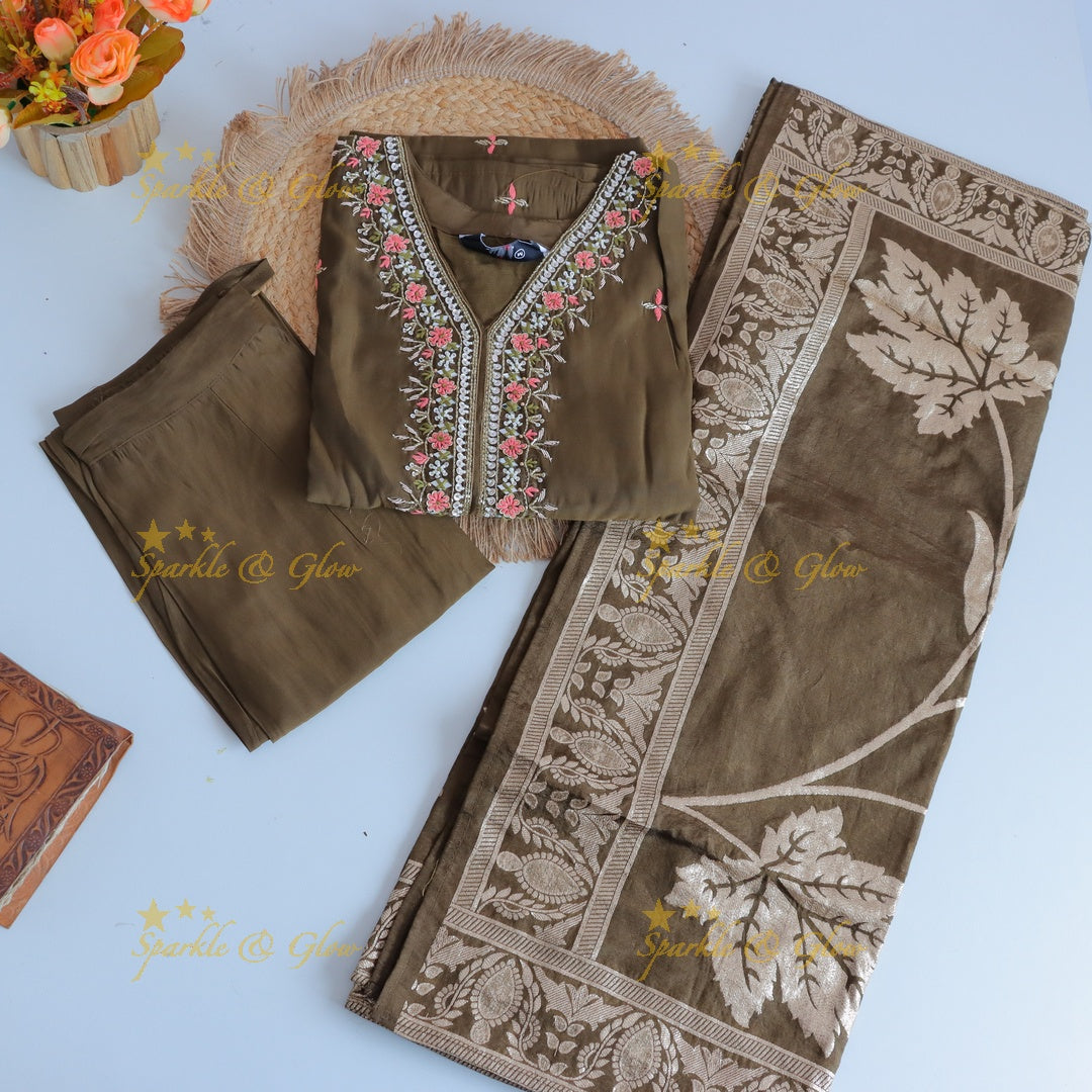 Gorgeous Roman Silk Kurti pant with Banarasi jacquard Dupatta set- Olive Green