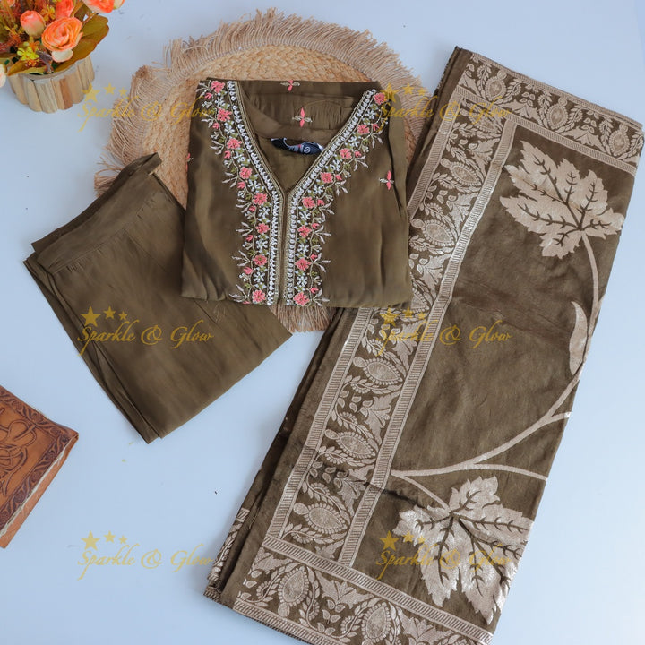 Gorgeous Roman Silk Kurti pant with Banarasi jacquard Dupatta set- Olive Green