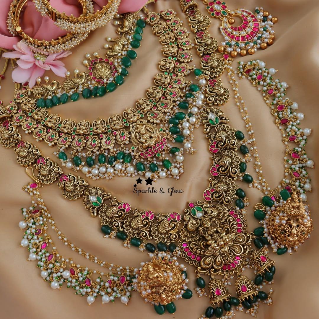 Jadau Temple Bridal Set with Green Beads for Elegant Brides