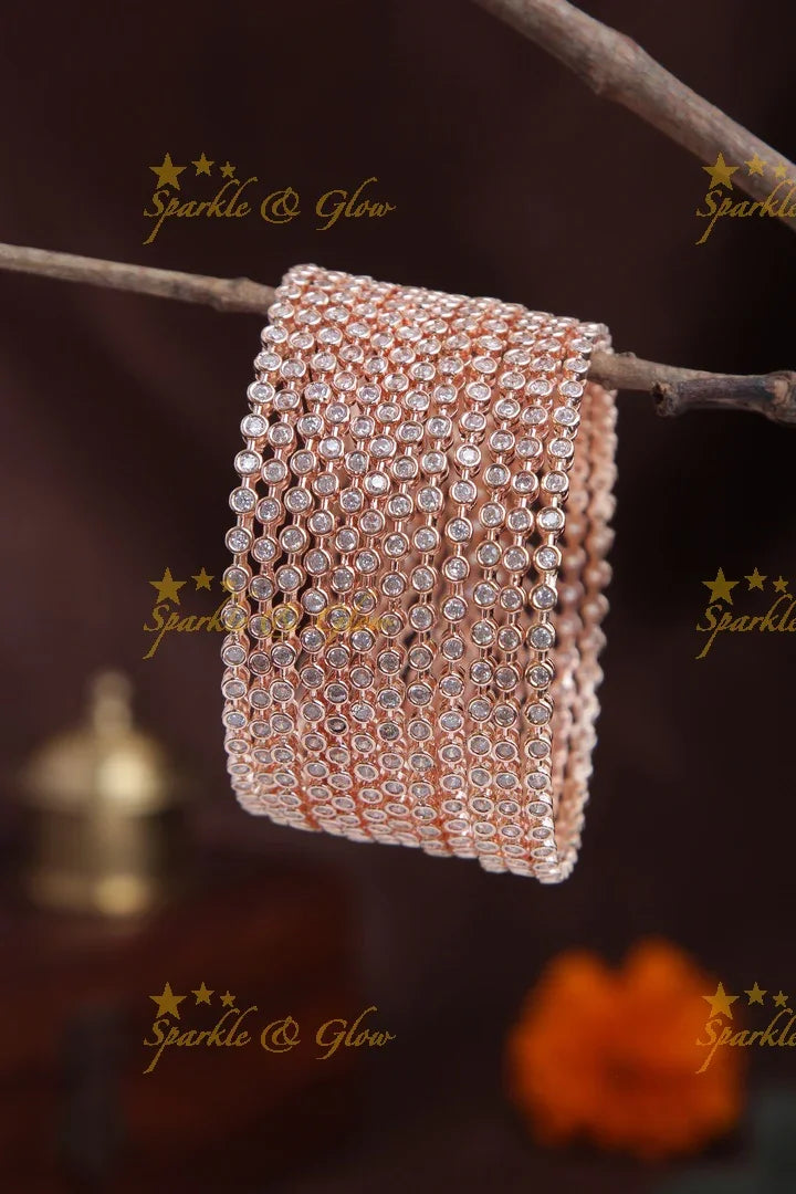 Rose Gold polished AD stone bangles set of 12 - Sparkle and Glow