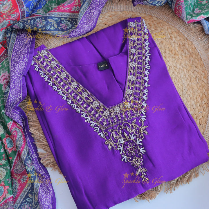 Stunning Modal Silk Kurti pant with digital Print Dupatta set- Purple
