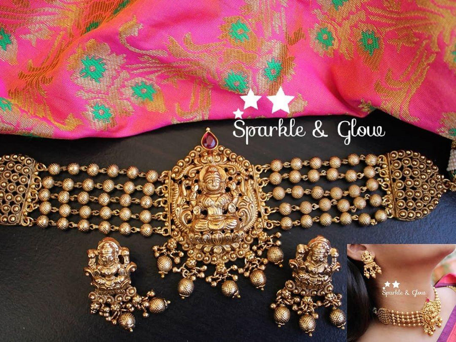Pearl beads layered lakshmi antique choker - Sparkle and Glow