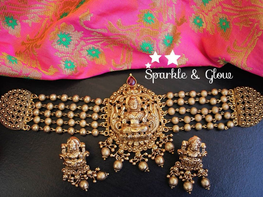 Pearl beads layered lakshmi antique choker - Sparkle and Glow - Pearl - Back Thread