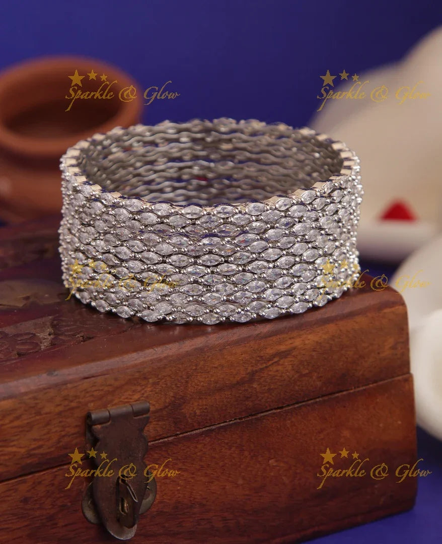 Silver polished AD stone bangles set of 12 - Sparkle and Glow