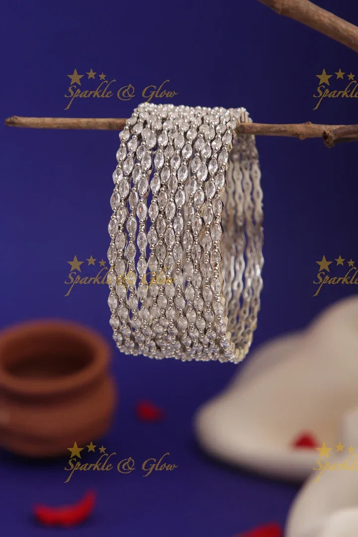 Silver polished AD stone bangles set of 12 - Sparkle and Glow