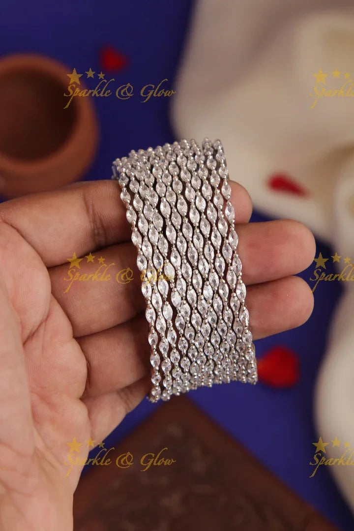 Silver polished AD stone bangles set of 12 - Sparkle and Glow