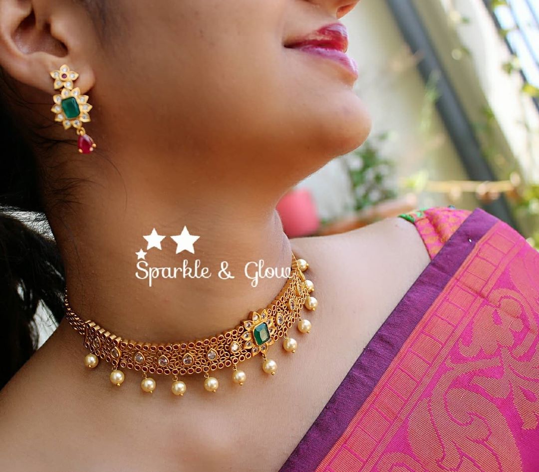 Matte gold cz stone elegant high neck choker