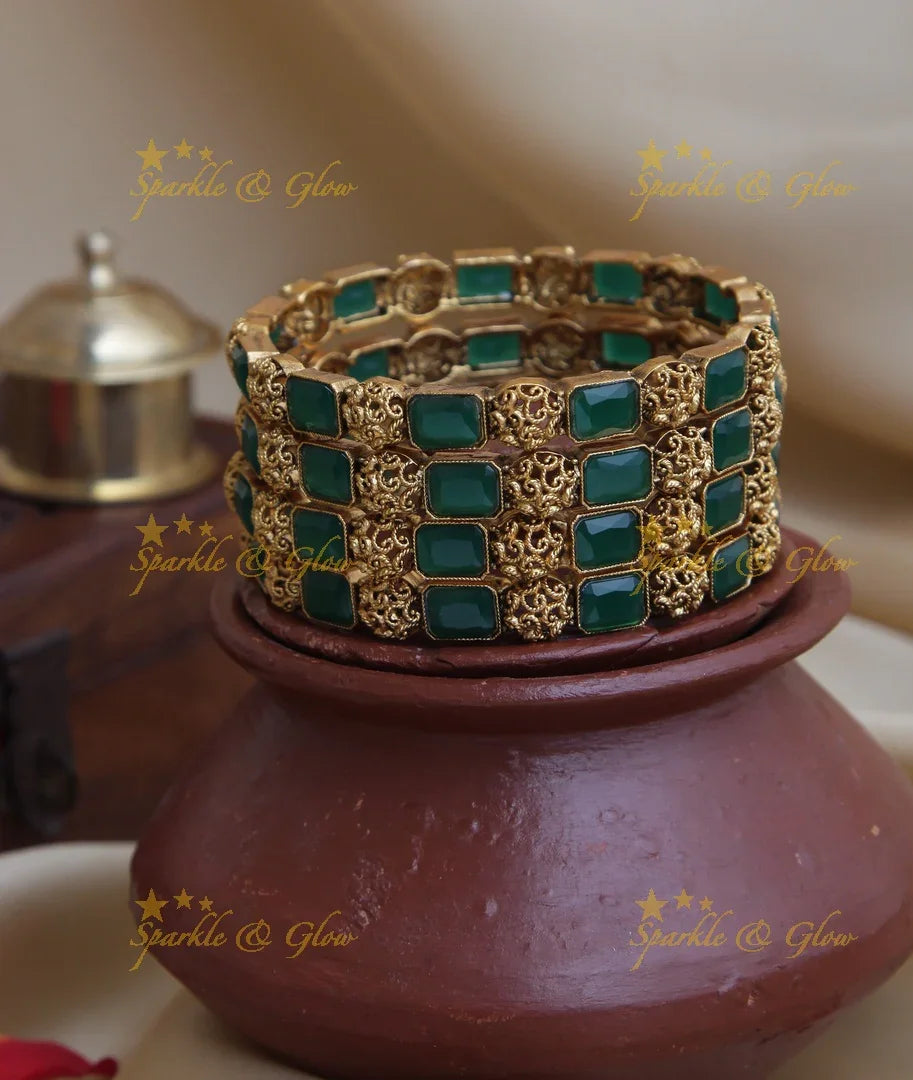 Gold alike stone bangles set of four - Sparkle and Glow