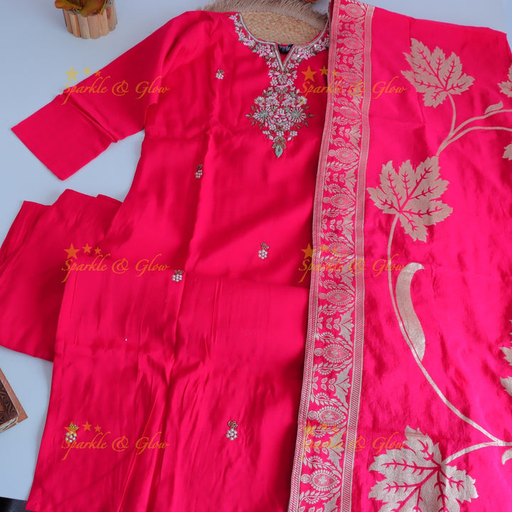 Gorgeous Roman Silk Kurti pant with Banarasi jacquard Dupatta set- Red