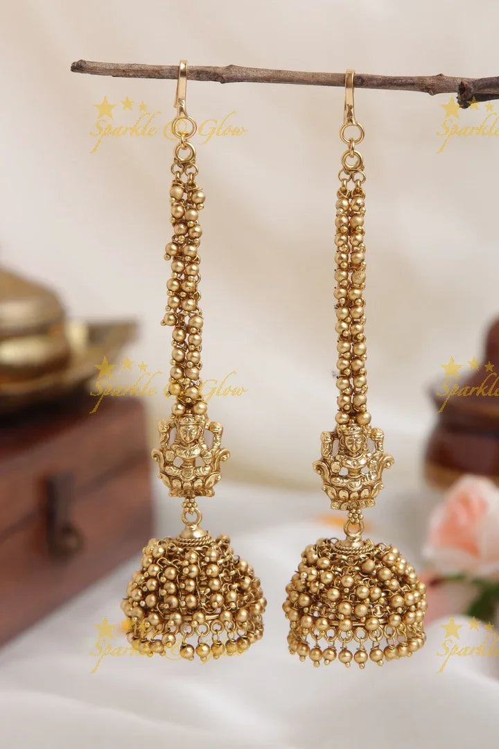 Gold Alike Lakshmi Jhumukas with Earchain - Sparkle and Glow