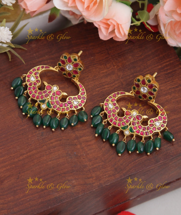 Jadau Peacock chandbali with green beads