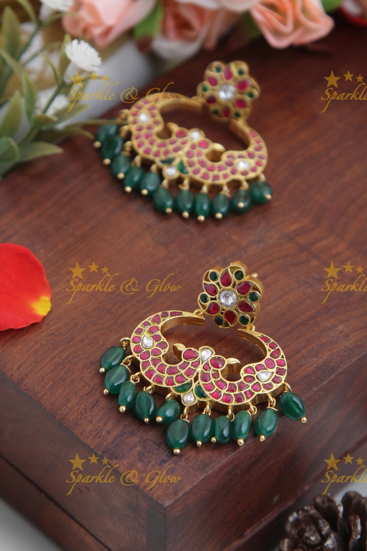Jadau Peacock chandbali with green beads
