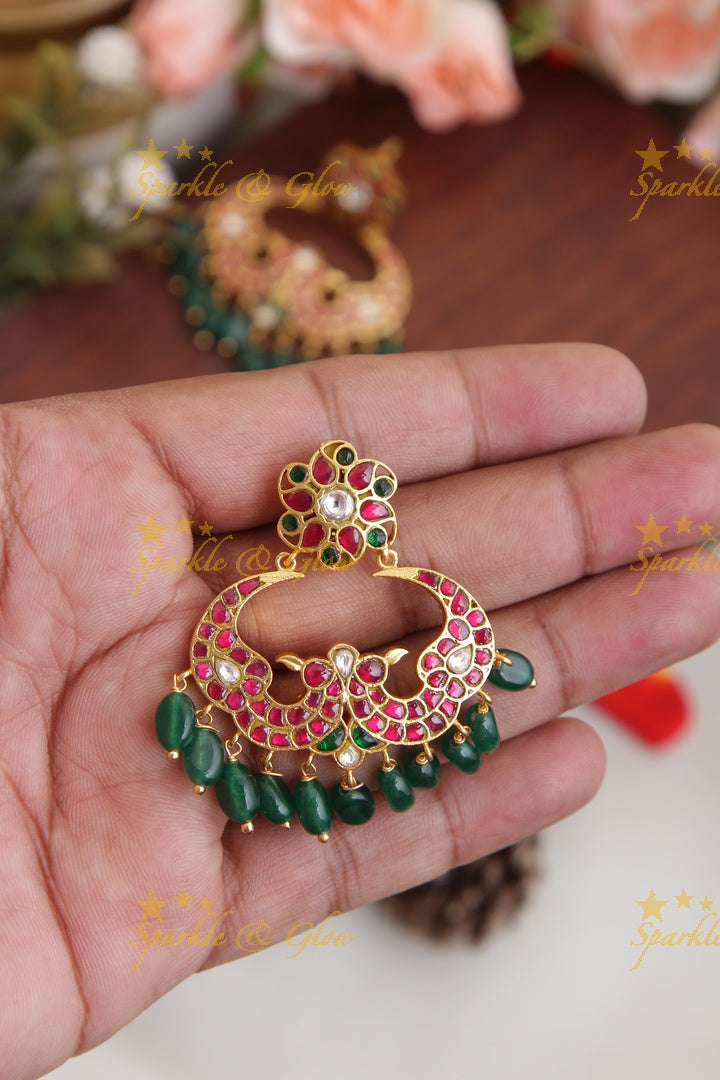 Jadau Peacock chandbali with green beads