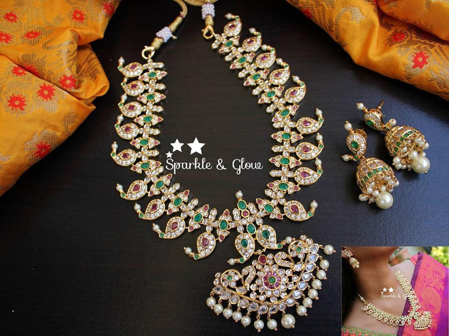Emerald and uncut polki stones mango necklace - Sparkle and Glow