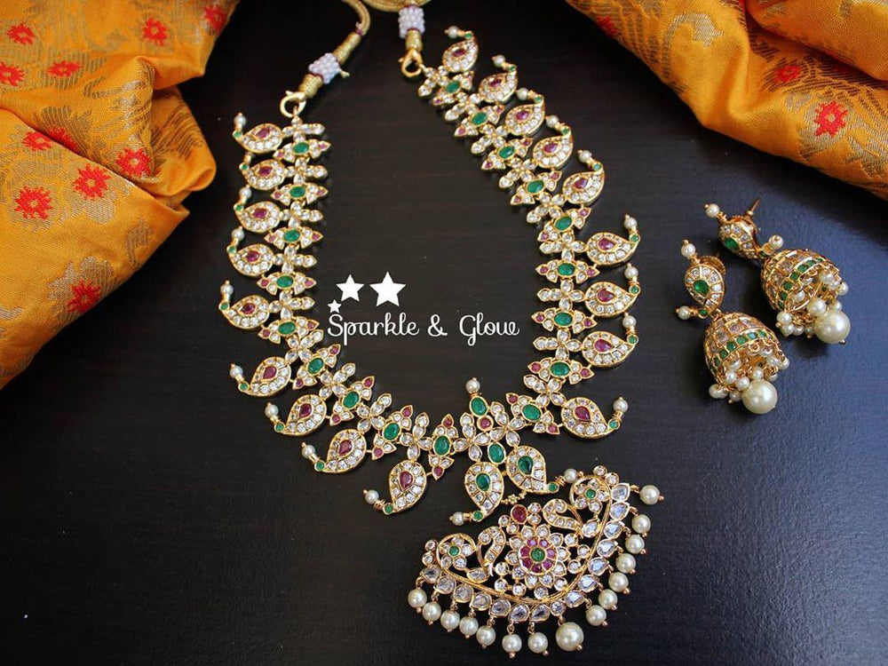 Emerald and uncut polki stones mango necklace - Sparkle and Glow