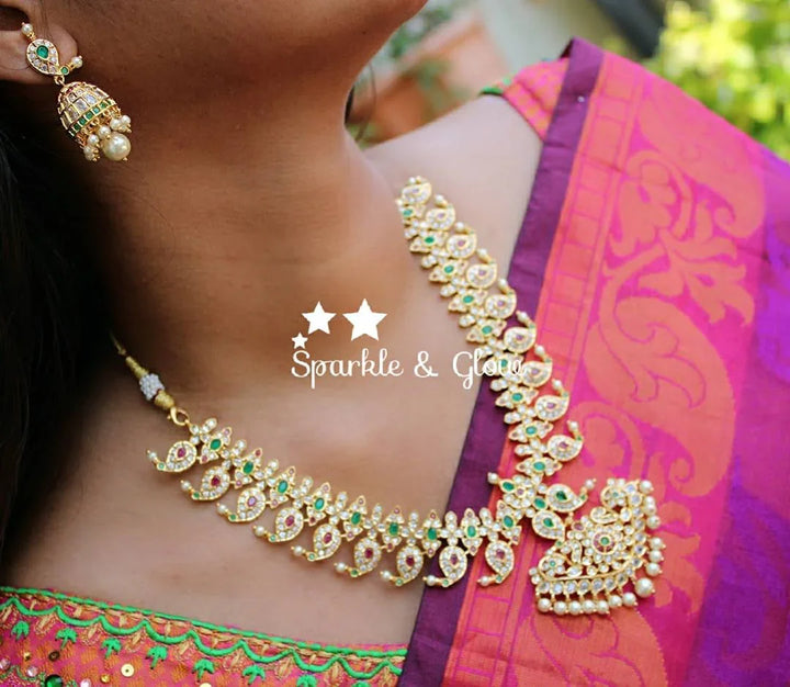 Emerald and uncut polki stones mango necklace - Sparkle and Glow