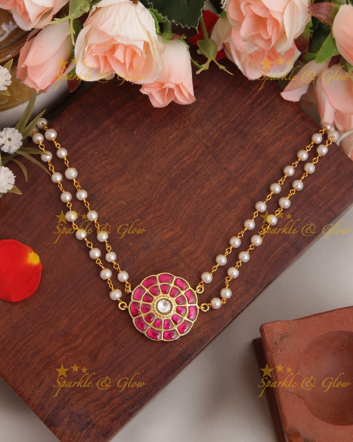 Statement Jadau beads choker - Green - Sparkle and Glow - Pink - Back Thread