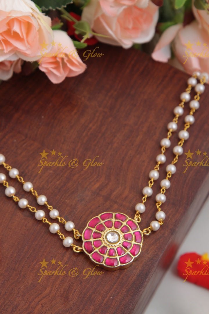 Statement Jadau beads choker - Green - Sparkle and Glow - Pink - Back Thread