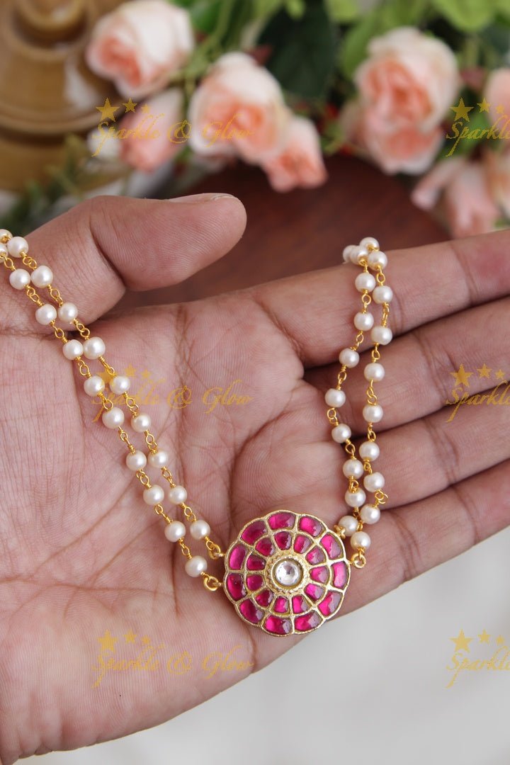 Statement Jadau beads choker - Green - Sparkle and Glow - Pink - Back Thread