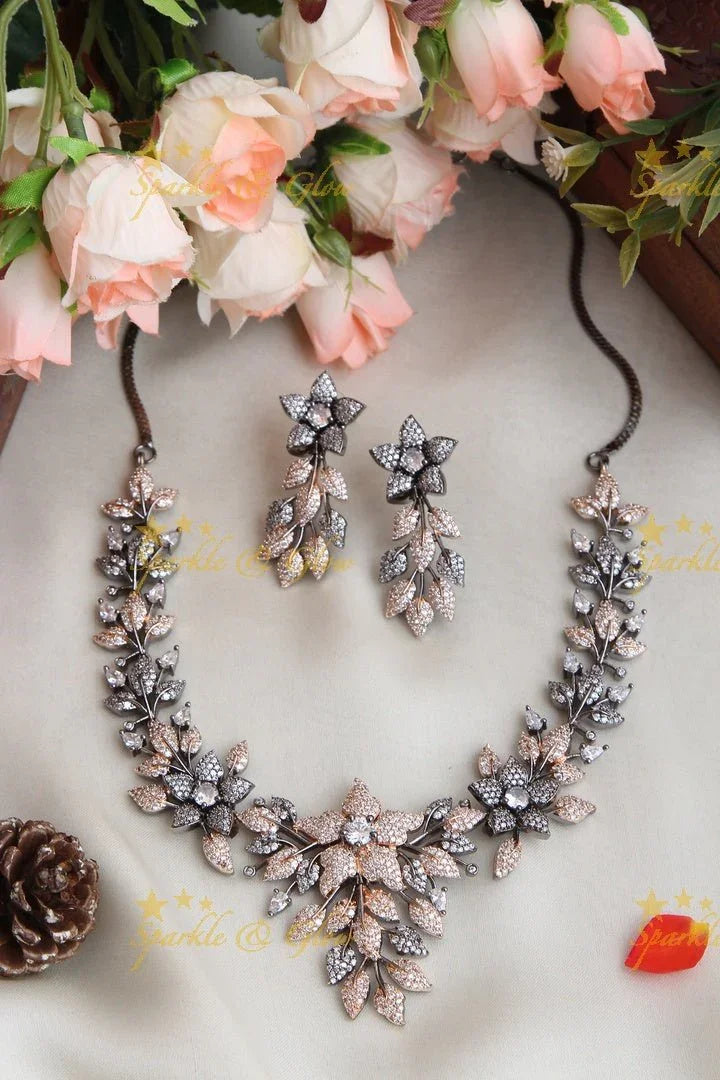 Rose Gold AD floral short necklace - Pink - Sparkle and Glow