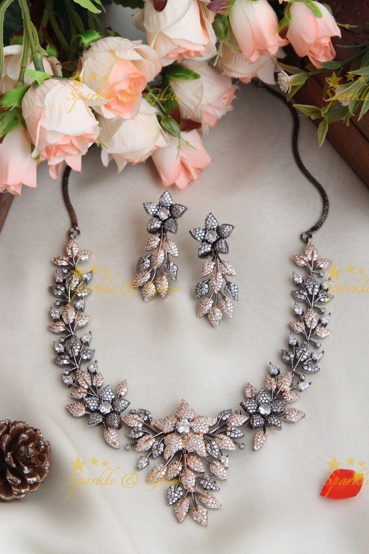 Rose Gold AD floral short necklace - Pink - Sparkle and Glow - White - Back Thread