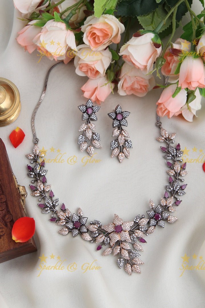 Rose Gold AD floral short necklace - Pink - Sparkle and Glow - Pink - Back Thread