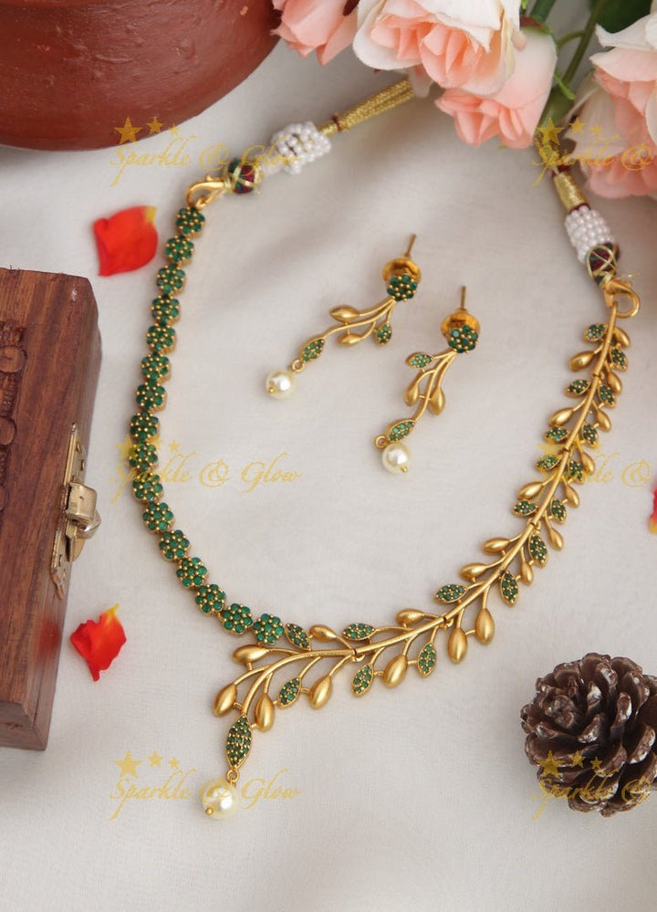 Premium matte statement American Diamond floral necklace - Green - Sparkle and Glow - Green - Back Thread