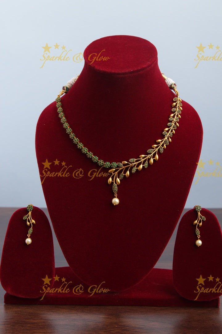 Premium matte statement American Diamond floral necklace - Green - Sparkle and Glow - Multi - Back Thread