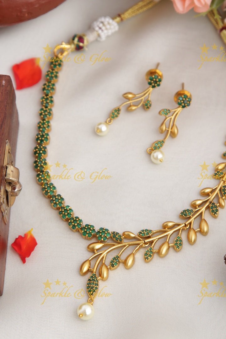 Premium matte statement American Diamond floral necklace - Green - Sparkle and Glow - White - Back Thread