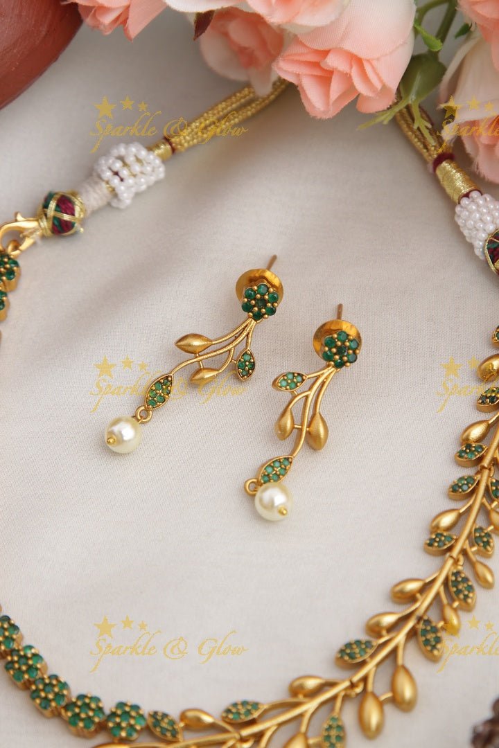 Premium matte statement American Diamond floral necklace - Green - Sparkle and Glow - White - Back Thread