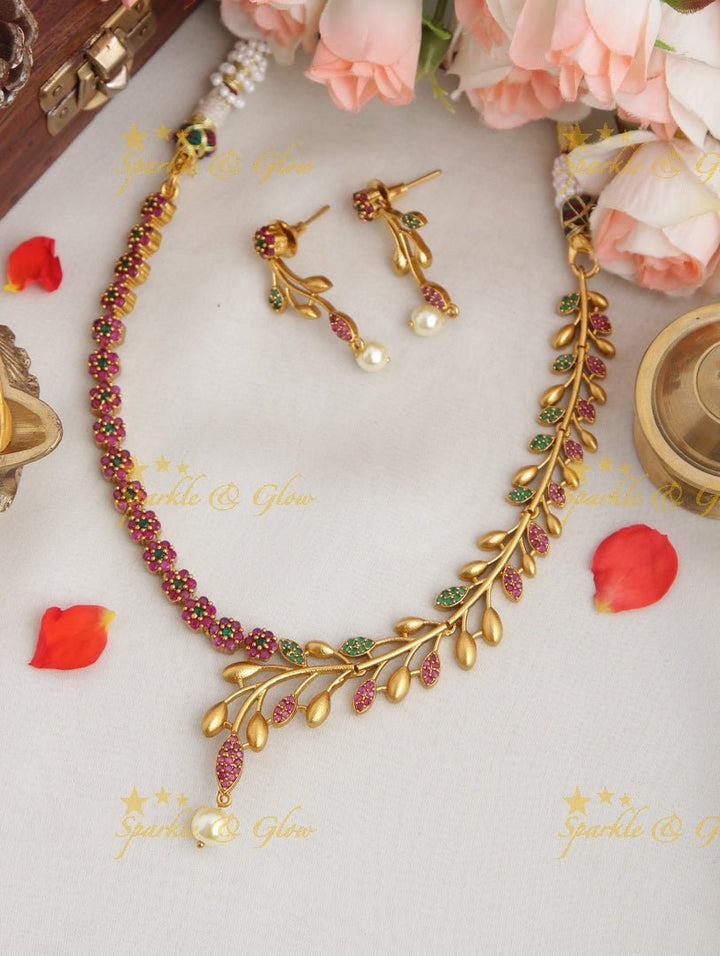 Premium matte statement American Diamond floral necklace - Green - Sparkle and Glow - Pink Green - Back Thread