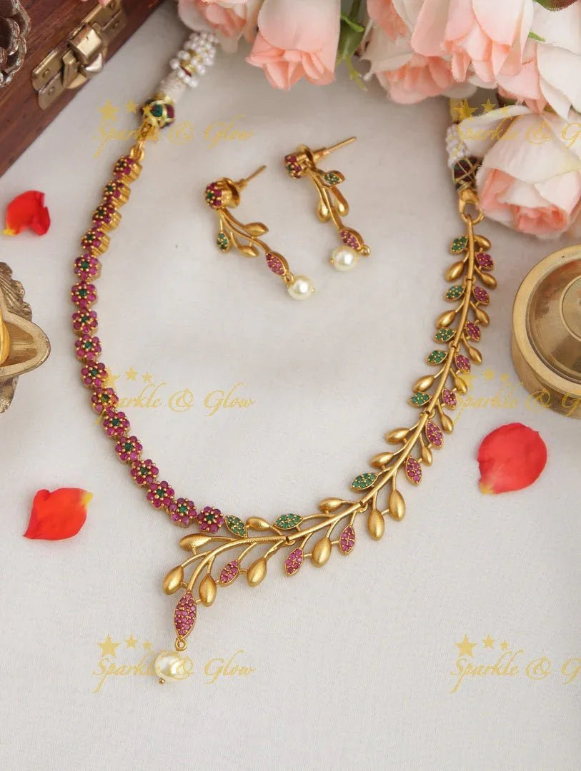 Premium matte statement American Diamond floral necklace - Green - Sparkle and Glow