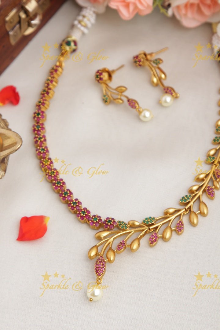 Premium matte statement American Diamond floral necklace - Green - Sparkle and Glow - White - Back Thread