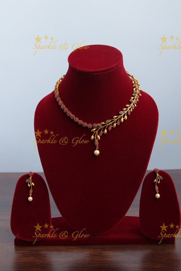 Premium matte statement American Diamond floral necklace - Green - Sparkle and Glow - Pink Green - Back Thread